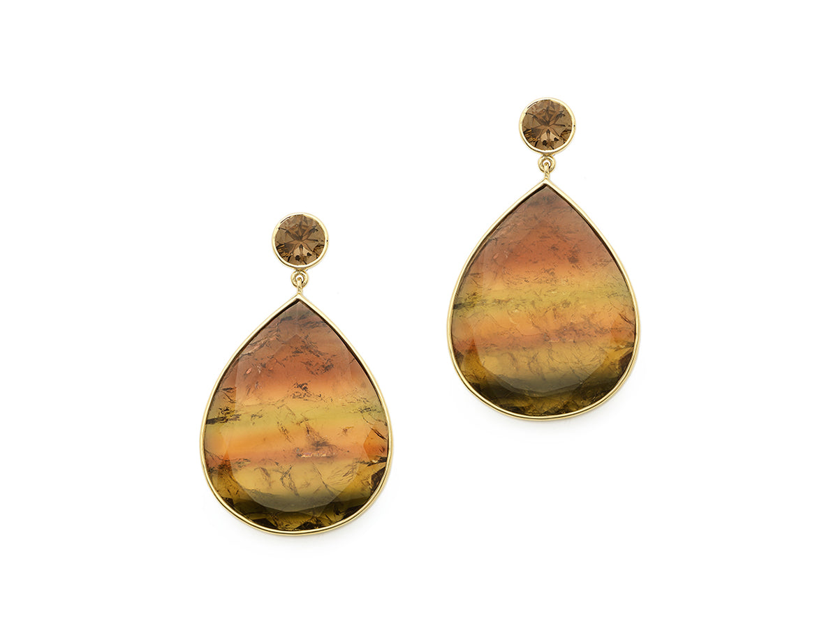 18 krt yellow gold earrings set with 2 smoke quartzes and multi colour Tourmalines