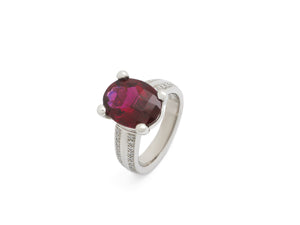 18 krt white gold ring set with oval Rubelite, Sapphire and diamonds