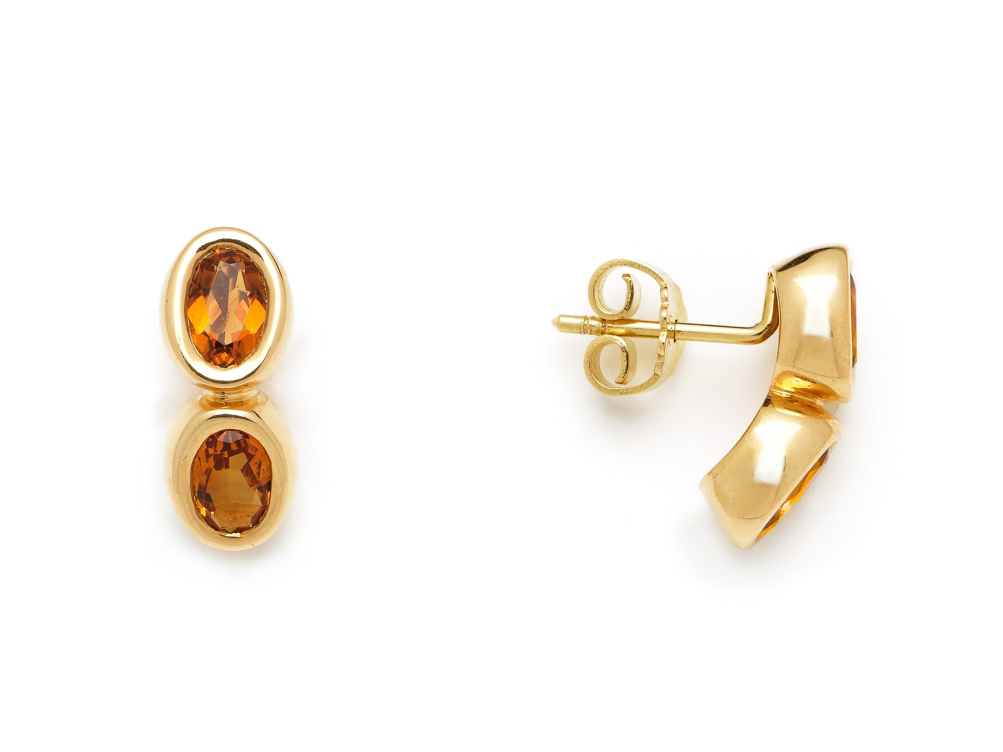 18 krt yellow gold ear studs set with 2 oval citrines and 2 tourmalines