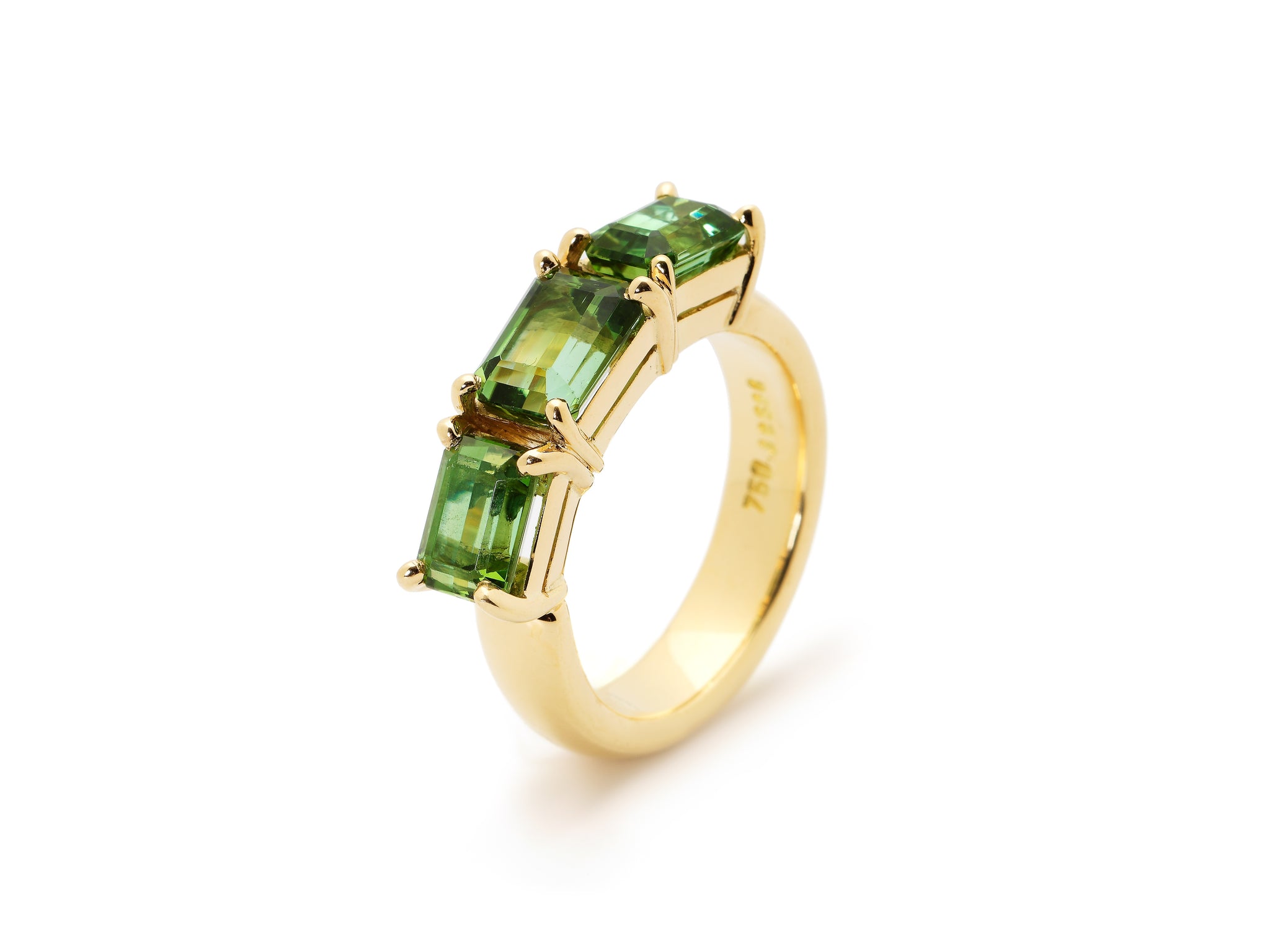 18 krt yellow gold ring set with 3 green emerald tourmalines