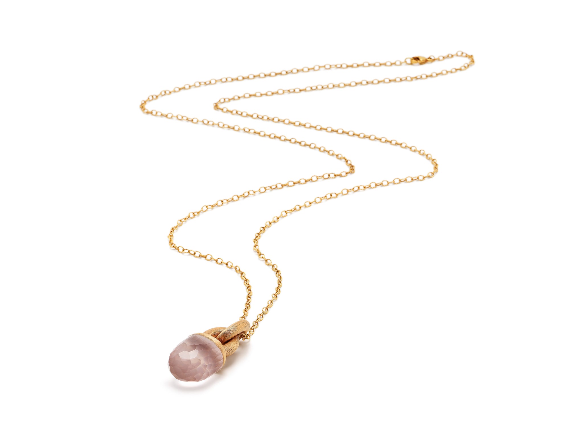 18 krt red gold necklace with pendant of faceted-cut rose quartz in a red gold matted case
