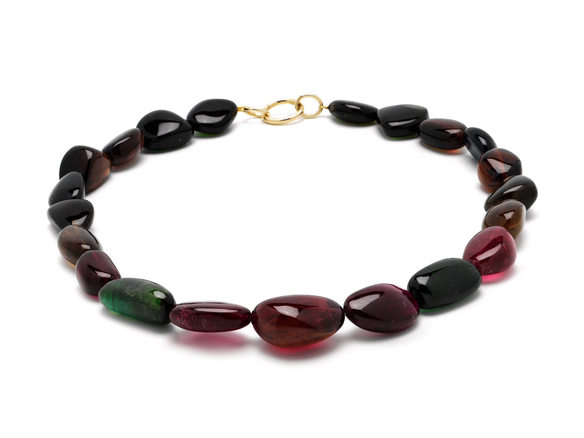 Necklace of 21 multi colour Tourmaline beads with a 14 krt yellow gold lock