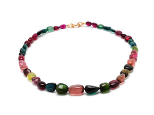 Necklace of 41 multi colour Tourmaline beads and 18 krt red gold lock