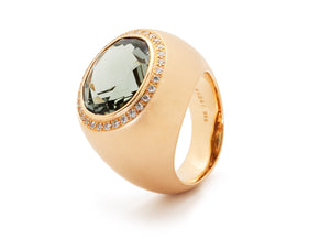 18 krt red gold ring set with oval Prasiolite and 32 brilliant diamonds