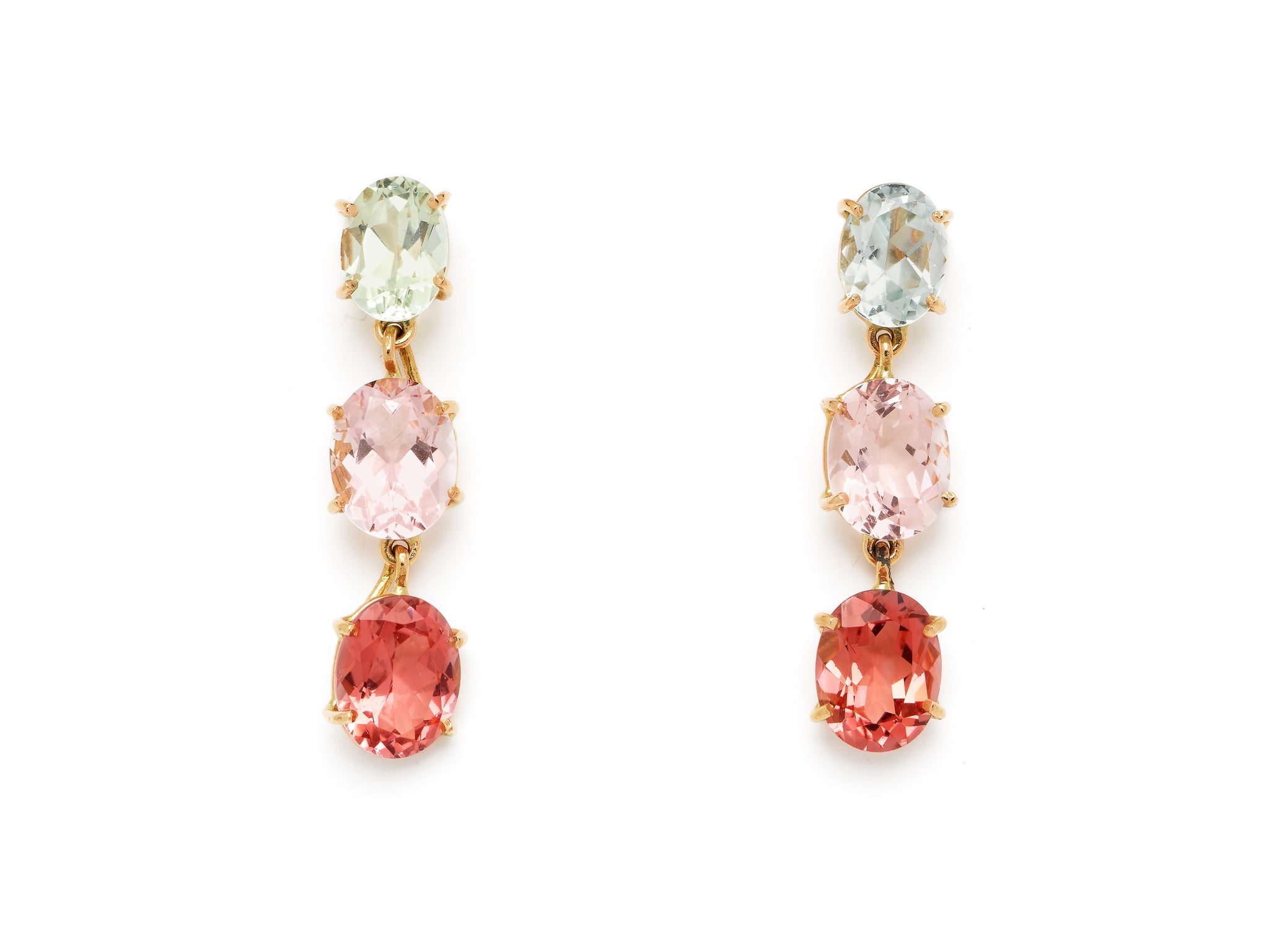 18 krt red gold earrings set with 4 Tourmalines and 2 Morganites